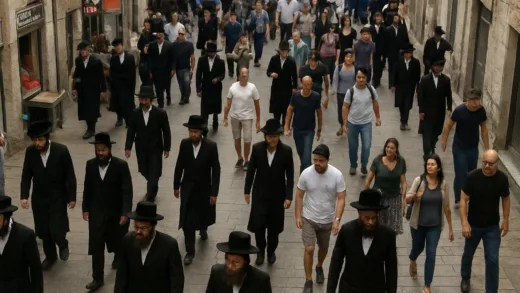 An overhead shot of a bustling street in Jerusalem, with a noticeable presence of Haredi men in traditional black coats and hats, walking alongside modern Israeli citizens. The scene should convey a sense of a busy, diverse urban environment where two distinct cultures coexist, perhaps with a subtle tension in the air.