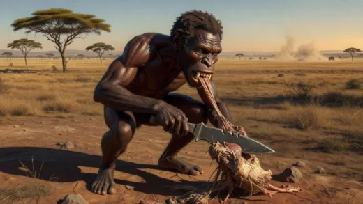 Ancient human Homo habilis using a sharp stone tool with their right hand to cut meat held by teeth, leaving subtle marks on a tooth, detailed anthropological illustration in an African savanna setting, 1.8 million years ago