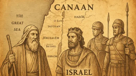 Ancient map of Canaan and Israel with historical figures of Abraham, King David, and Roman soldiers in the background, showing the historical roots of the land conflict.