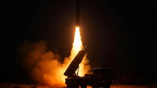 Cheongung-2 missile system launching at night in desert environment with fiery exhaust trail, dramatic lighting, military equipment in background, realistic military photography