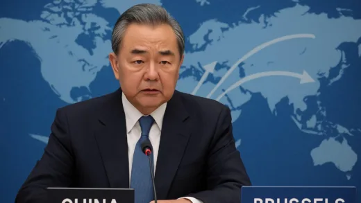 Chinese foreign minister Wang Yi speaking at a high-level diplomatic meeting in Brussels, a worried expression on his face, a world map with strategic arrows in the background.
