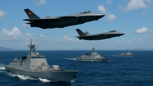 Chinese military expansion with fighter jets and warships in the Taiwan Strait