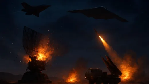 Chinese radar and missile systems failing against a large-scale air attack, with F-35s and B-2 bombers flying overhead in a Middle Eastern desert at night, dramatic lighting.