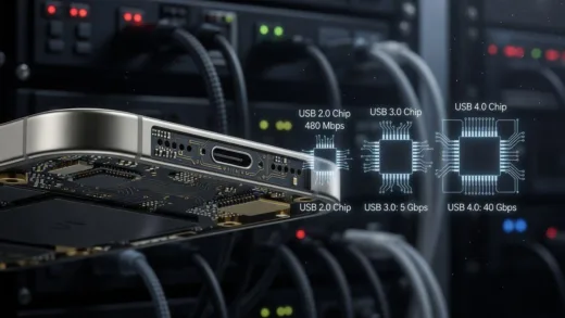 Close-up of iPhone 17E showing USB-C port with detailed circuitry visible, tech background with USB 2.0/3.0/4.0 chip size comparison visualization