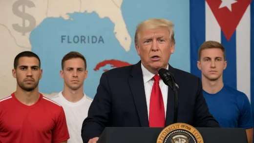 Donald Trump making a speech with soccer players behind him, a map showing Cuba close to Florida in the background, a subtle dollar sign and a Cuban flag.