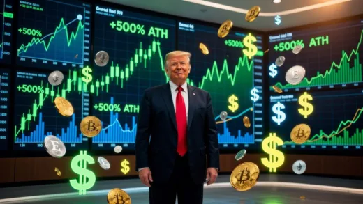 Donald Trump standing in front of cryptocurrency charts showing massive growth, with coins and dollar signs floating around him, dramatic lighting
