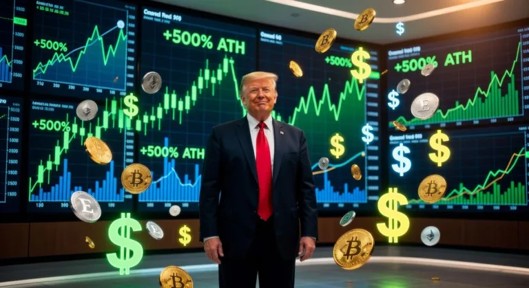 Donald Trump standing in front of cryptocurrency charts showing massive growth, with coins and dollar signs floating around him, dramatic lighting