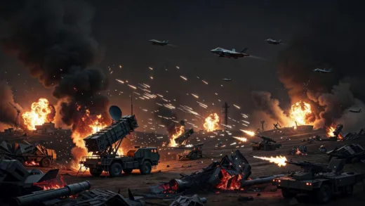 Dramatic scene of Iranian air defense systems failing against stealth aircraft attacks at night, with explosions in the background, digital art style.