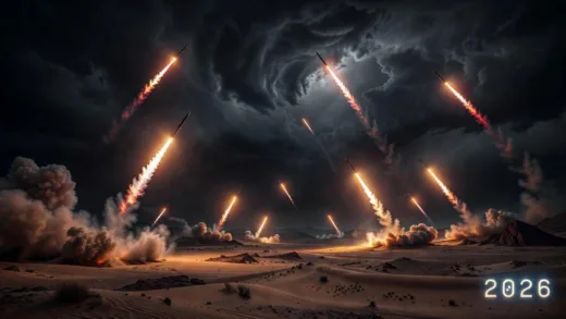 Dramatic scene of missile launches lighting up the night sky over Middle Eastern desert landscape, multiple trails visible against dark clouds, year 2026 digitally displayed in corner, cinematic lighting