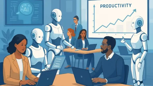 Futuristic office environment where AI robots assist HR professionals, diverse team members collaborating with both humans and AI tools, a graph showing changes in productivity.