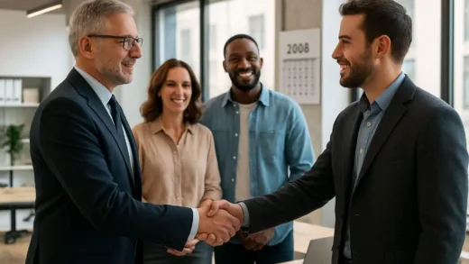Government and insurance company officials shaking hands with small business owners in background, modern office setting, collaborative atmosphere, professional meeting, 2026 calendar visible