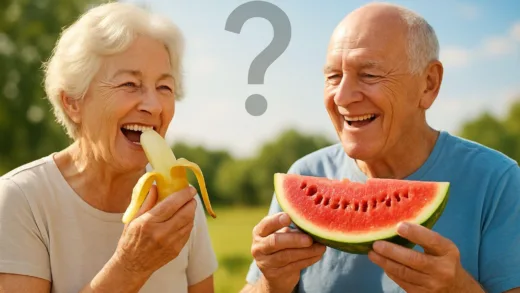Healthy elderly people happily eating bananas and watermelons, with a subtle question mark in the background, showing a sunny outdoor setting.
