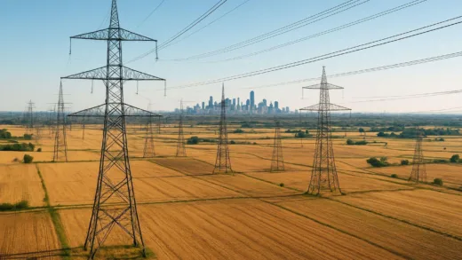 High-angle view of a densely packed power transmission towers in a rural area, with a bustling metropolis visible in the distant background under a clear sky. Emphasize the contrast between production and consumption areas.