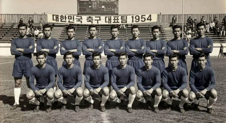 Historical black and white photo of 1954 South Korean football team in blue uniforms, vintage aesthetic, players with old-fashioned haircuts, retro football stadium background, grainy texture