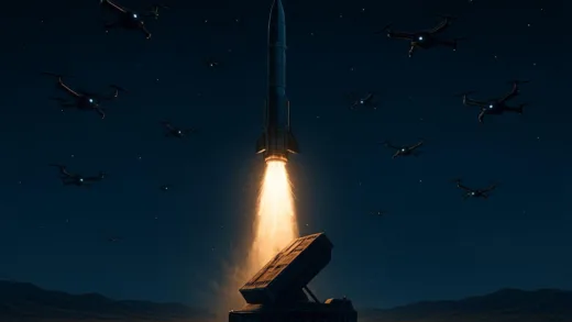 Illustration of a high-tech missile system launching vertically against multiple small drones in a desert night sky, with a strong light source from the missile.