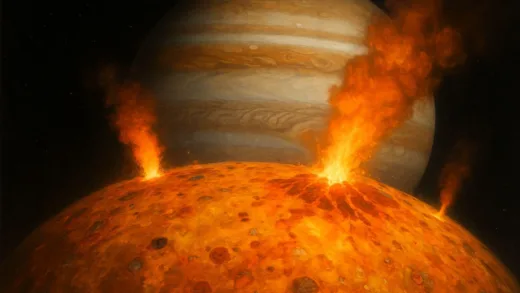 Io, a volcanic moon of Jupiter, with active plumes erupting sulfur and lava, orange and yellow surface, in the foreground of a gas giant Jupiter.