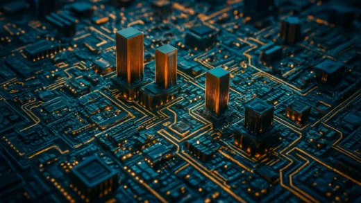 Microscopic view of advanced semiconductor chip with 3D structures, glowing with intricate patterns