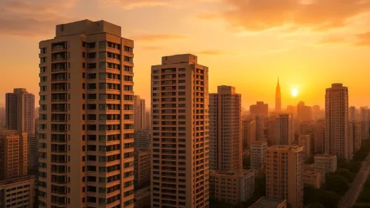 Modern high-rise apartment buildings in Pyongyang, with a vibrant skyline, viewed from a slightly elevated perspective during golden hour.