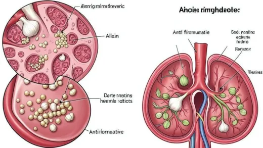 Scientific illustration showing garlic molecules interacting with kidney cells, microscopic view of allicin protecting nephrons, visual representation of anti-inflammatory effects in human kidneys, detailed cross-section of kidney with garlic compounds flowing through blood vessels