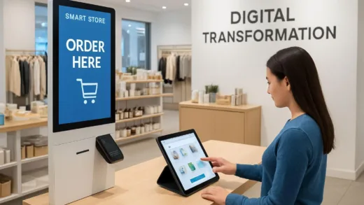 Smart store digital transformation with kiosk and tablet ordering system in modern retail environment