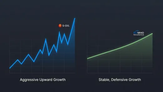 Two contrasting financial graphs, one showing aggressive upward growth and another showing stable, defensive growth, with the logos of S-Oil and Kumho Petrochemical subtly integrated. Professional, clean, and modern.