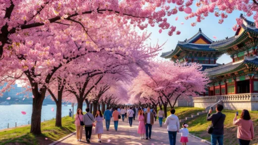 Vibrant cherry blossom tunnel in full bloom along the Han River in Yeouido, Seoul, with people walking beneath the pink canopy on a sunny spring day. Include traditional Korean palace architecture in the background.