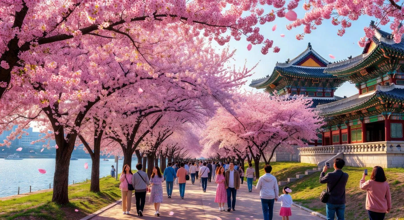 Vibrant cherry blossom tunnel in full bloom along the Han River in Yeouido, Seoul, with people walking beneath the pink canopy on a sunny spring day. Include traditional Korean palace architecture in the background.