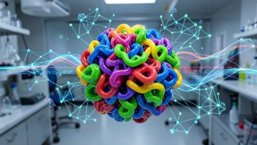 A 3D rendered protein structure with colorful folding patterns, surrounded by digital AI network nodes and data streams, scientific laboratory background, photorealistic style