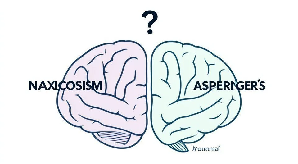 A brain graphic with two distinct sides, one representing narcissism and the other Asperger's, with subtle visual cues indicating their different internal mechanisms. A question mark hovers above, suggesting confusion, in a professional, clean style.