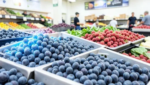A bright, clean market setting with a display of both fresh and frozen blueberries. The frozen blueberries are subtly glowing or highlighted, indicating superior health benefits, while the fresh ones look appealing but ordinary.