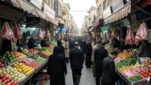 A bustling market in Tehran, Iran, during wartime. Stalls are overflowing with fresh fruits, vegetables, and meat. People are calmly shopping. The overall atmosphere is surprisingly normal and prosperous, contrasting with the typical image of a war-torn country.