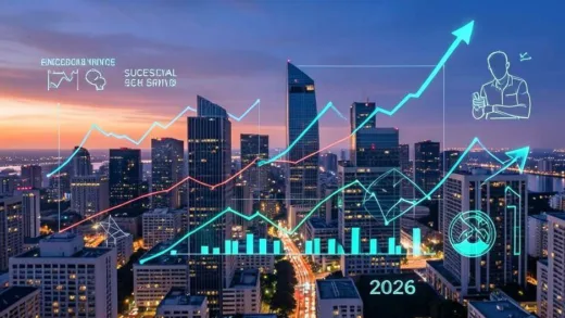 A bustling, modern city skyline at dusk, with digital overlays of upward-trending financial graphs and abstract representations of successful tech startups, symbolizing growth and innovation in 2026.
