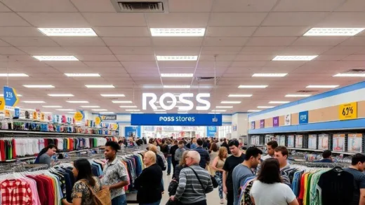 A bustling Ross Stores discount retail store interior with crowded clothing racks, shoppers hunting for bargains, fluorescent lighting, and a treasure hunt atmosphere with brand name items at deep discounts.