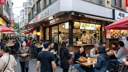 A bustling street food market where a modern cafe is seamlessly integrated, selling both artisanal coffee and popular Korean street foods like tteokbokki and fried chicken. People of diverse ages are enjoying the unique blend of offerings.