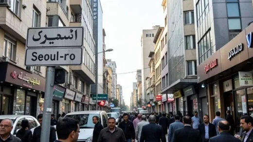 A bustling street scene in Tehran, Iran, with a clear street sign written in Persian and English that says "Seoul-ro" or "Seoul Street". The architecture should be modern Iranian, with hints of historical depth.