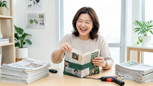 A cheerful Korean reporter, Yoon Ji-won, in her late 30s, enthusiastically attempting to fold a newspaper into a stylish bag, surrounded by stacks of newspapers and a hot glue gun on a bright, modern studio desk. The setting emphasizes eco-friendliness and DIY.