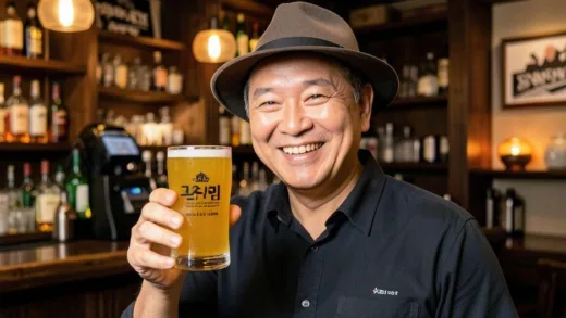 A cheerful middle-aged man wearing a fedora, holding up a soju glass with a bright smile, in a warm, inviting bar setting. Professional photo quality, Korean soju branding.