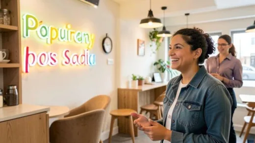 A cheerful small business owner looking at a newly renovated cafe interior with a bright sign, showing a modern and inviting atmosphere. In the background, there's a consultant providing advice.
