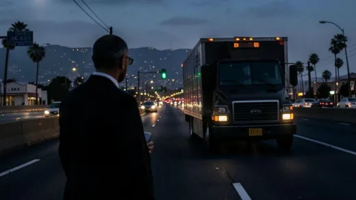 A cinematic scene of a mysterious man in a suit observing a jewelry transport vehicle on the 101 freeway in Los Angeles at dusk, with city lights in the background, highly detailed and atmospheric