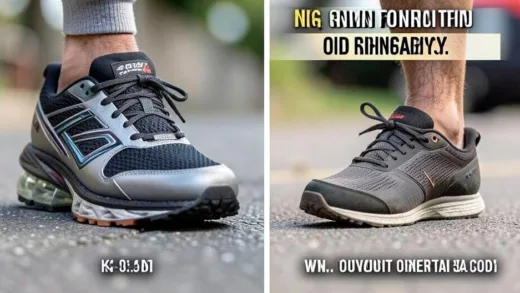 A close-up comparison of two running shoes - one modern carbon-plate shoe with thick sole and one traditional thin-sole running shoe, showing the height difference, with a warning vibe