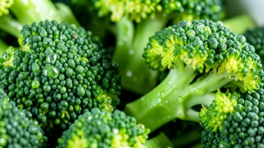 A close-up macro shot of fresh raw broccoli florets with water droplets, vibrant green colors, natural daylight, high detail showing the texture of broccoli, photorealistic style