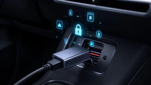 A close-up of a Tesla vehicle's USB port with a mysterious USB device plugged in, digital security icons floating around, showing vulnerability in car security system, cyber attack visualization, dark atmospheric lighting.