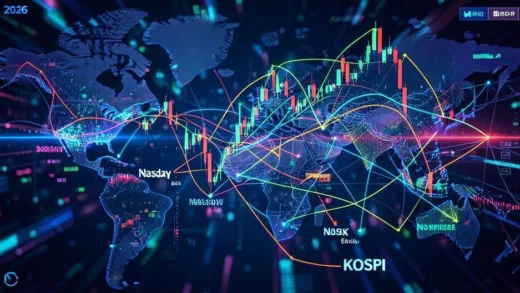 A complex network of interconnected graphs and arrows showing global stock market trends, with the Nasdaq and KOSPI prominently linked, against a backdrop of a thriving digital economy in 2026. Futuristic and vibrant colors.