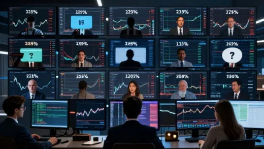 A conceptual illustration showing 300 different investors looking at the same stock chart on their screens, each with dramatically different profit/loss percentages displayed above their heads, highlighting the psychological differences in investment behavior.