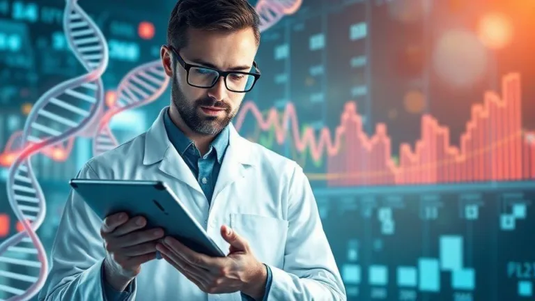A conceptual illustration showing a scientist analyzing biotech stock charts on a digital tablet, with DNA strands and financial graphs merging in the background, representing the intersection of biotechnology and investment strategy.