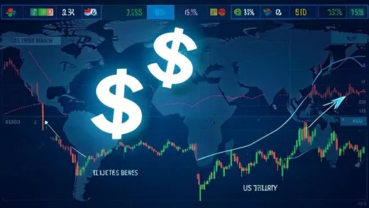 A conceptual illustration showing the US dollar and US Treasury bonds separating paths, with the dollar symbol rising upward and bond charts declining, against a global financial market background with currency exchange boards and stock tickers.