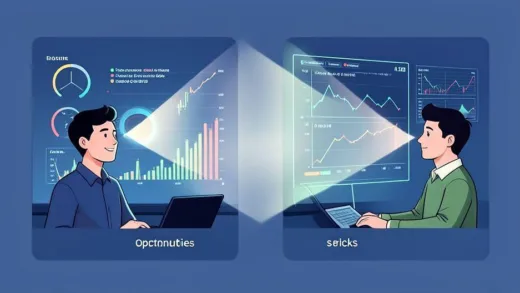 A conceptual illustration showing two people looking at the same financial data through different lenses, one seeing opportunities and the other seeing risks, with light beams representing perspective differences.