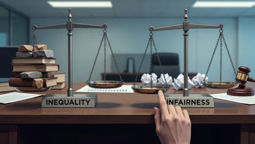 A conceptual illustration showing two scales: one labeled 'inequality' with uneven weights, another labeled 'unfairness' with a hidden hand tipping the scale, modern office background with documents and a gavel.