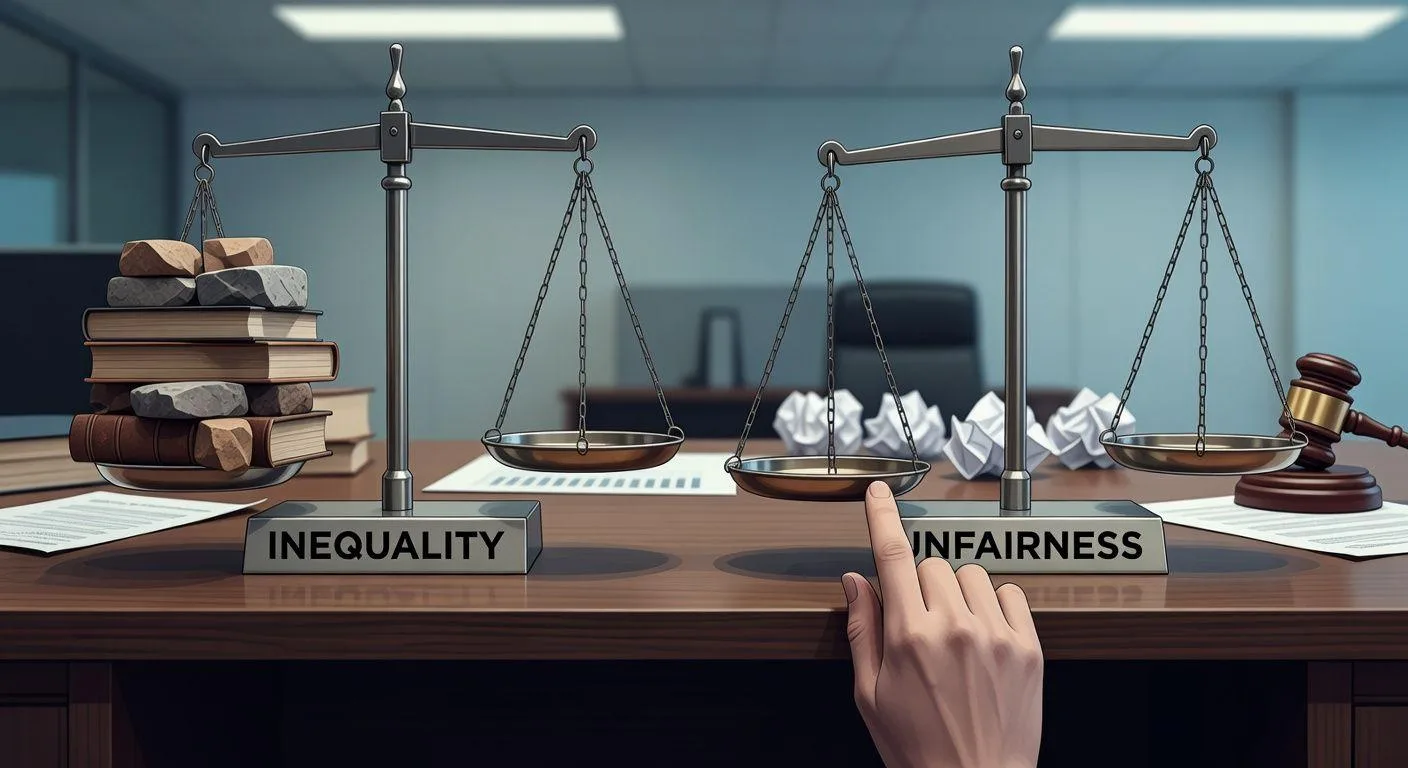 A conceptual illustration showing two scales: one labeled 'inequality' with uneven weights, another labeled 'unfairness' with a hidden hand tipping the scale, modern office background with documents and a gavel.