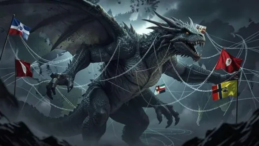 A conceptual image showing a large dragon-like entity subtly influencing smaller national flags with invisible economic chains, set against a backdrop of global trade routes. The atmosphere is tense and strategic.